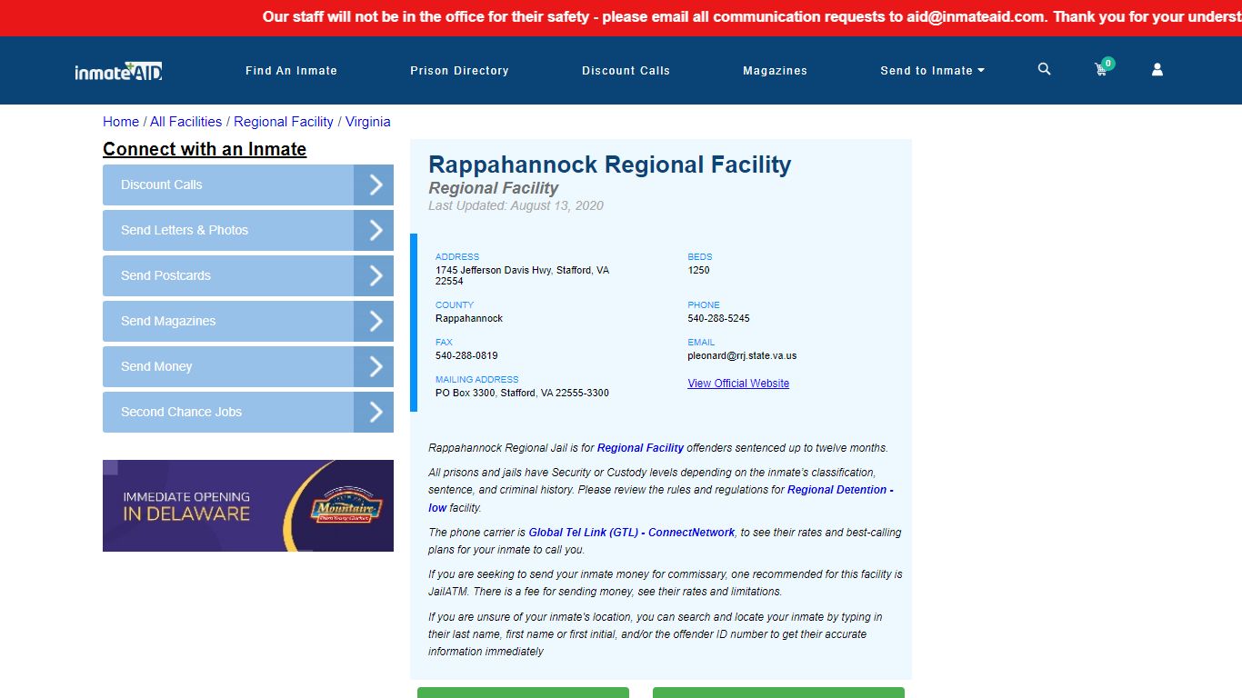 Rappahannock Regional Facility & Inmate Search - Stafford, VA